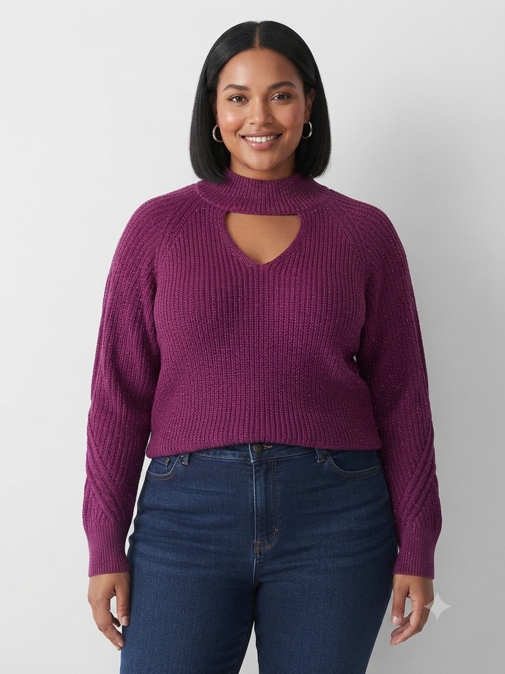 NWT I.N.C. Keyhole Mock Neck Sweater Size XXL Berry Purple Metallic Ribbed Knit